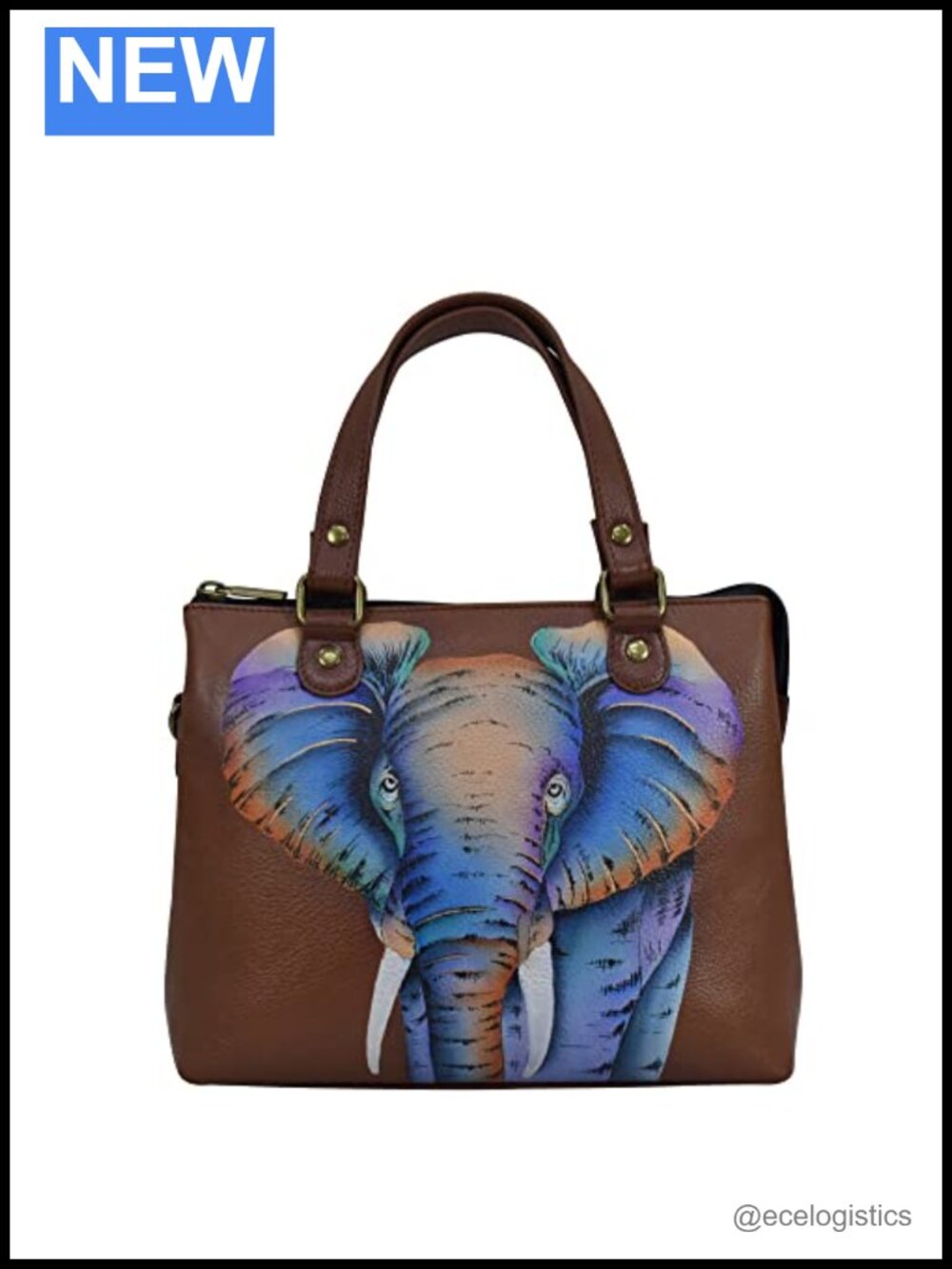 Hand-Painted Leather Twin Zippered Crossbody Bag with Elephant Art